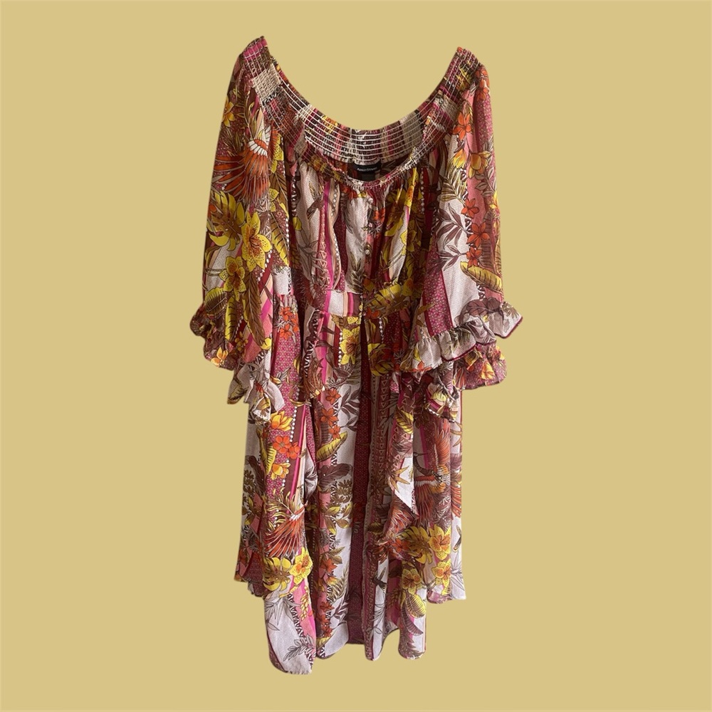 ASHLEY STEWART Dress 30/32 ‎ Floral Sheer chiffon off shoulder duster Hawaii